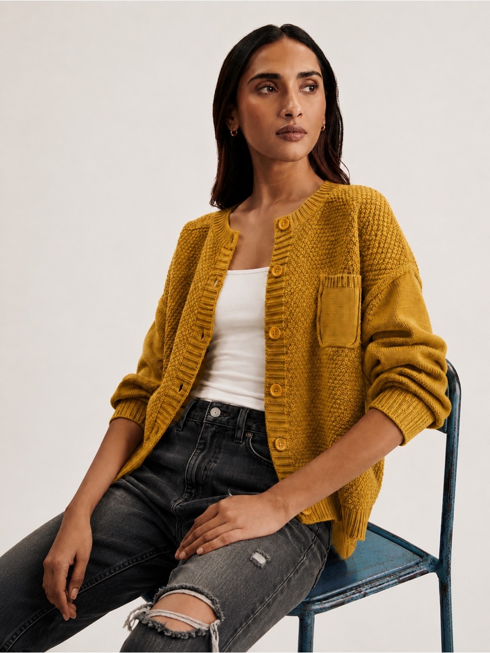 SHEIN casual cardigan button up sweater w/ small front pocket marigold small